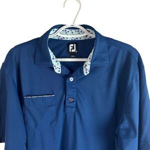 Footjoy FJ Golf Polo Shirt Mens M Navy Blue Floral Trim Stretch Moisture Wicking